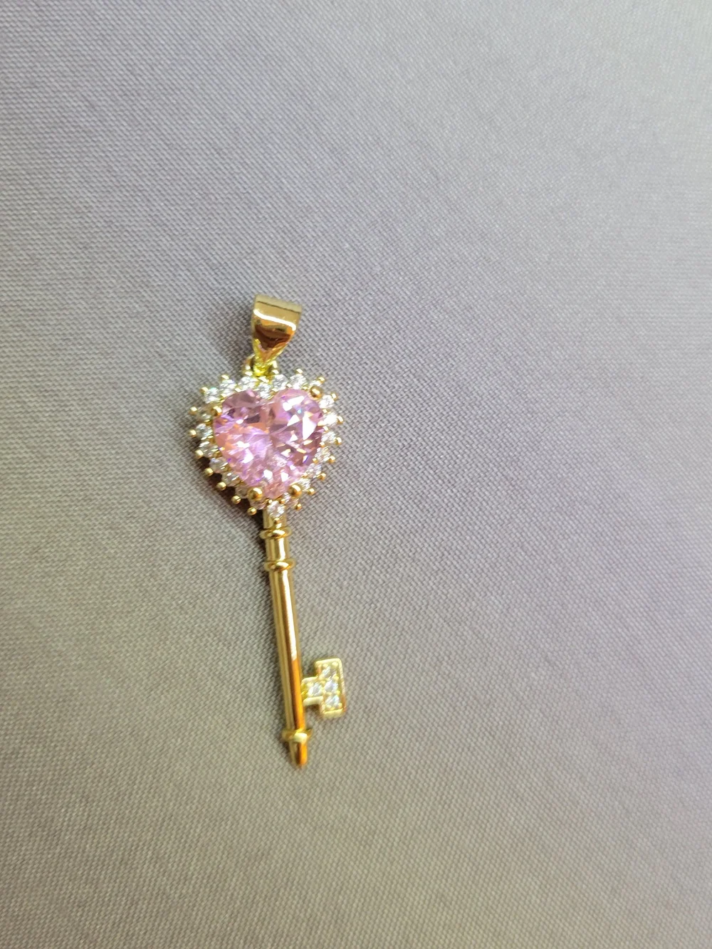18k Gold Plated Key Pendant Necklace with Pink Heart Gem